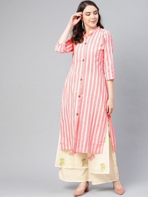 

Ishin Women Pink & Cream-Coloured Block Print Striped Kurta with Palazzos
