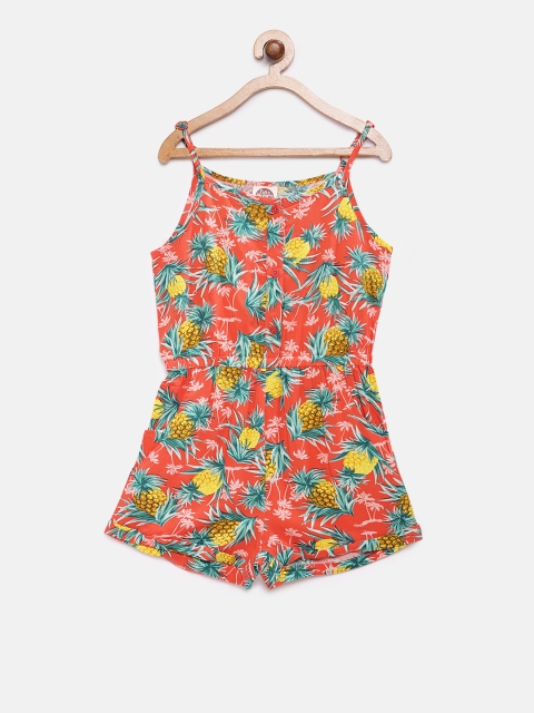 

Cub McPaws Girls Orange & Green Printed Playsuit