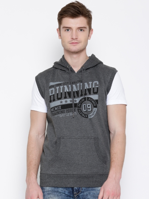 

Locomotive Grey Melange Printed Sleeveless Hooded Sweatshirt