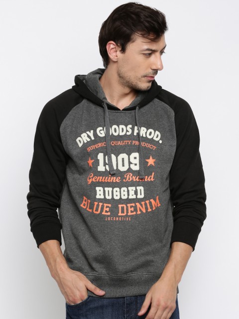 

Locomotive Charcoal Grey Melange Printed Hooded Sweatshirt