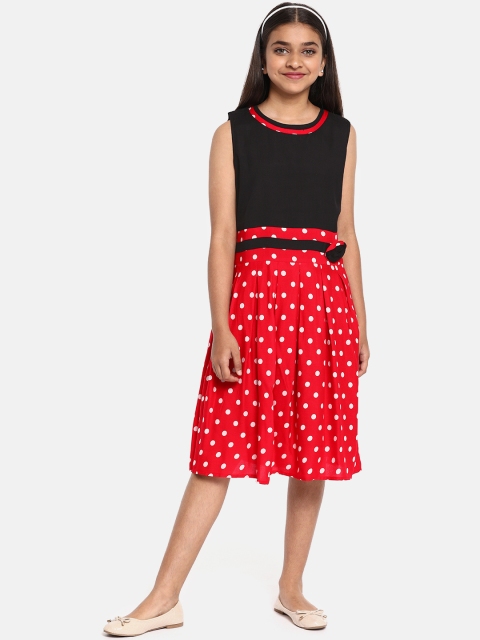 

YK Girls Black & Red Polka Dots Printed Fit and Flare Dress with Gathers