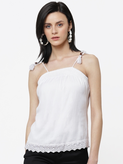 

DODO & MOA Women White Solid Top with Schiffli Hem