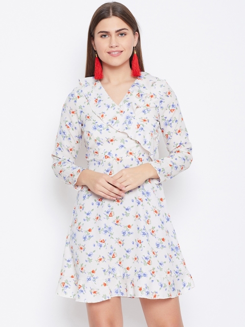 

DODO & MOA Women Off-White & Blue Printed Wrap Dress