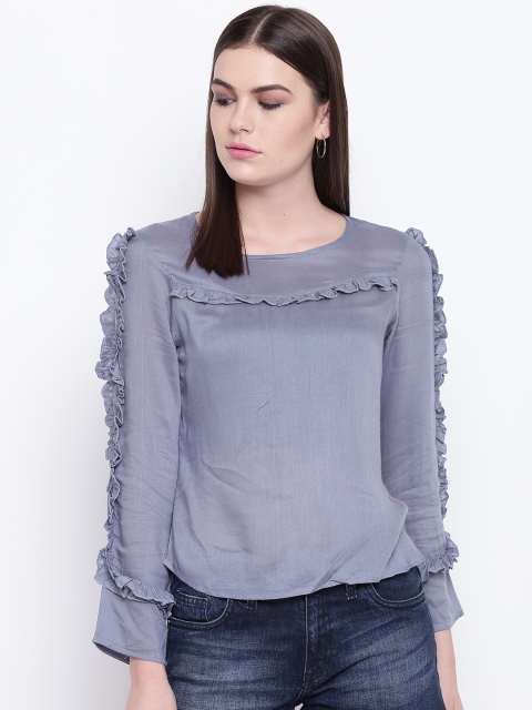 

DODO & MOA Women Grey Frill Detail Solid Top