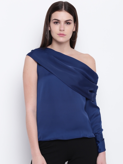 

DODO & MOA Women Blue Solid One-Shoulder Top with Satin Finish