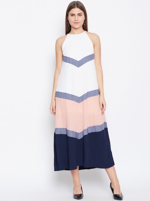 

DODO & MOA Women White & Peach-Coloured Colourblocked Maxi Dress