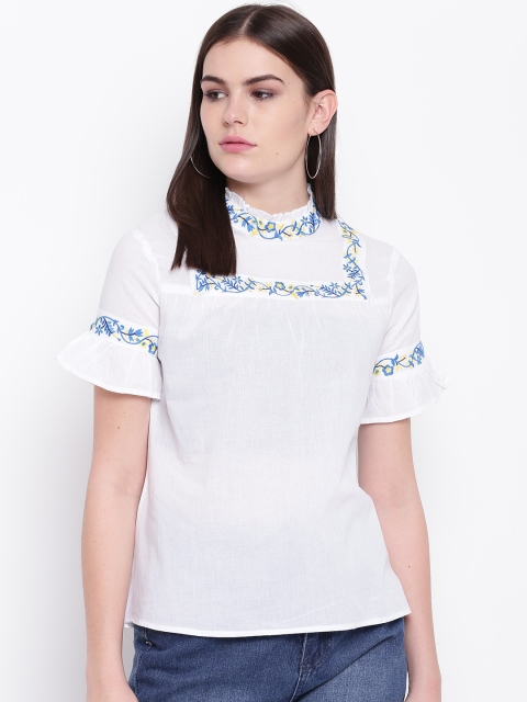 

DODO & MOA Women White Floral Embroidered Top