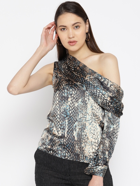 

DODO & MOA Women Beige & Black One-Shoulder Satin-Finish Printed Top