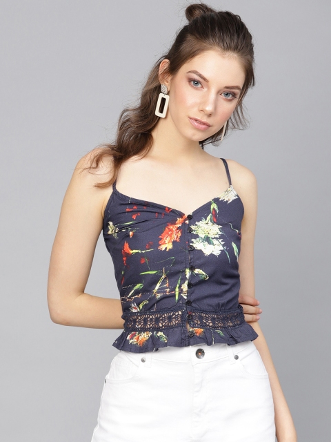 

I AM FOR YOU Women Navy Blue & Orange Printed Crop Top