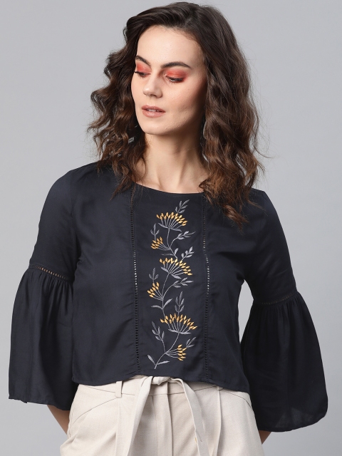 

I AM FOR YOU Women Navy Blue Embroidered Detail Crop Top