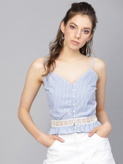 

I AM FOR YOU Women Blue & White Striped Crop Top