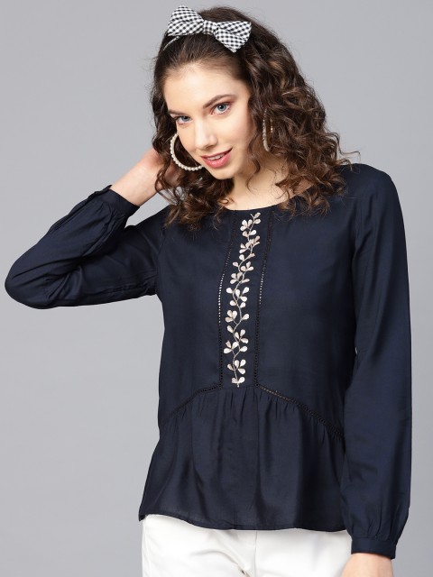 

I AM FOR YOU Women Navy Blue Solid A-Line Top