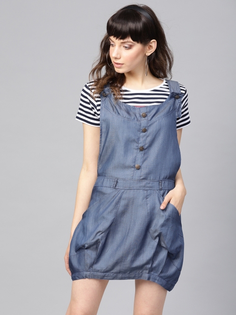 

I AM FOR YOU Women Blue Solid Pinafore Dress