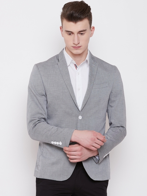 

Blackberrys Men Grey Solid Slim-Fit Single-Breasted Casual Pure Cotton Blazer