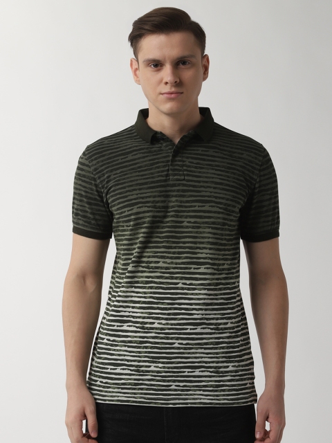 

Peter England Men Olive Green & Black Striped Polo Collar Slim Fit T-shirt