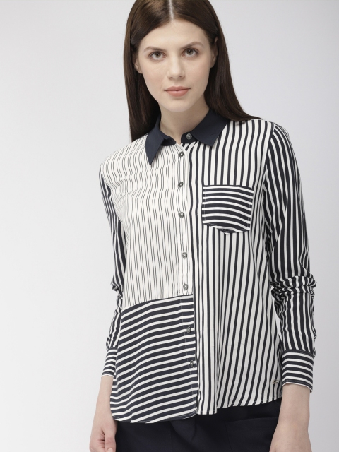 

Tommy Hilfiger Women Navy Blue & White Regular Fit Striped Casual Shirt