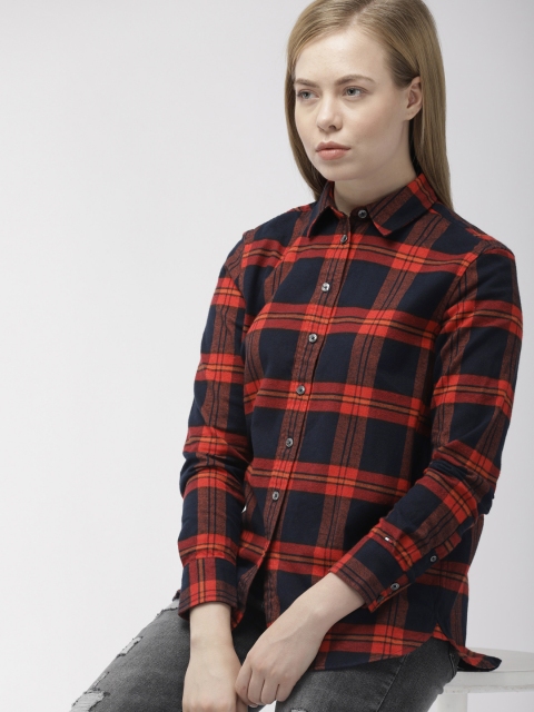 

Tommy Hilfiger Women Navy Blue & Rust Orange Regular Fit Checked Casual Shirt