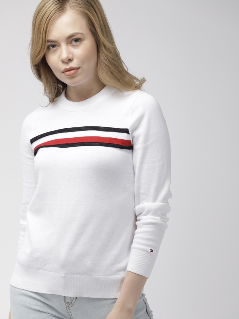 

Tommy Hilfiger Women White & Navy Blue Striped Sweater