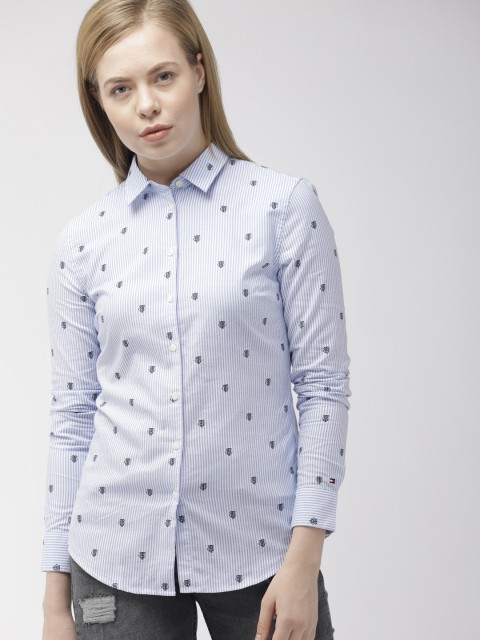 

Tommy Hilfiger Women Blue & White Fitted Striped Casual Shirt