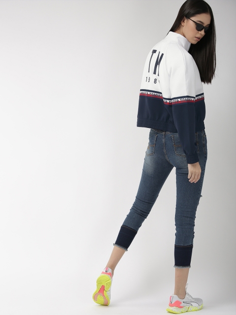 

Tommy Hilfiger Women White & Navy Blue Colourblocked Cropped Sweatshirt