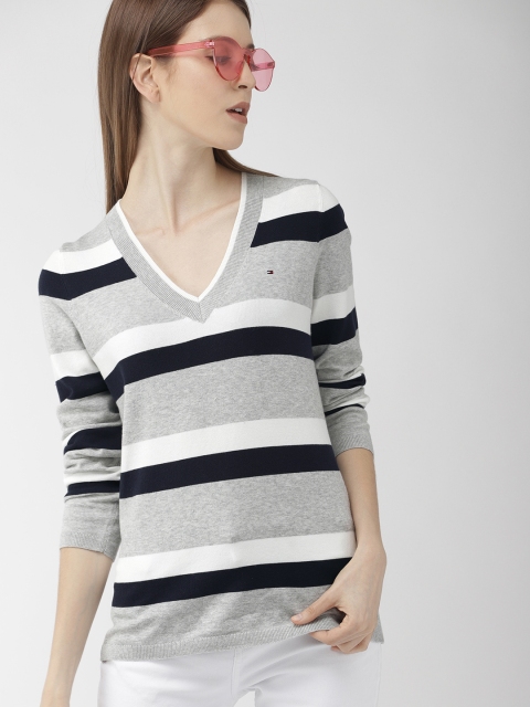 

Tommy Hilfiger Women Grey Melange & White Striped Pullover Sweater