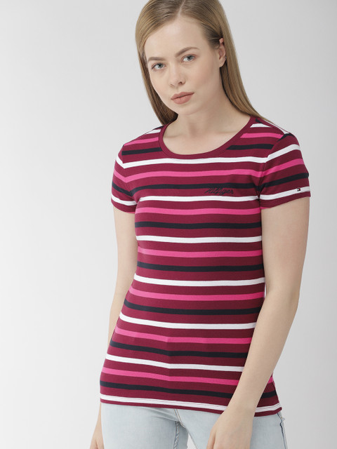 

Tommy Hilfiger Women Burgundy & White Striped Slim Fit Round Neck T-shirt
