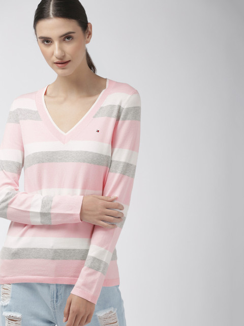 

Tommy Hilfiger Women Pink & Grey Striped Sweater
