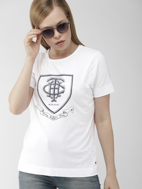 

Tommy Hilfiger Women White & Navy Blue Printed Round Neck T-shirt