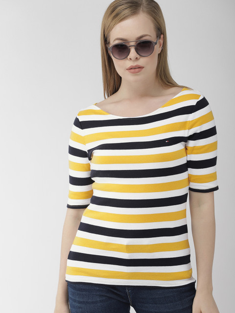 

Tommy Hilfiger Women White & Navy Blue Striped Slim Fit Round Neck T-shirt