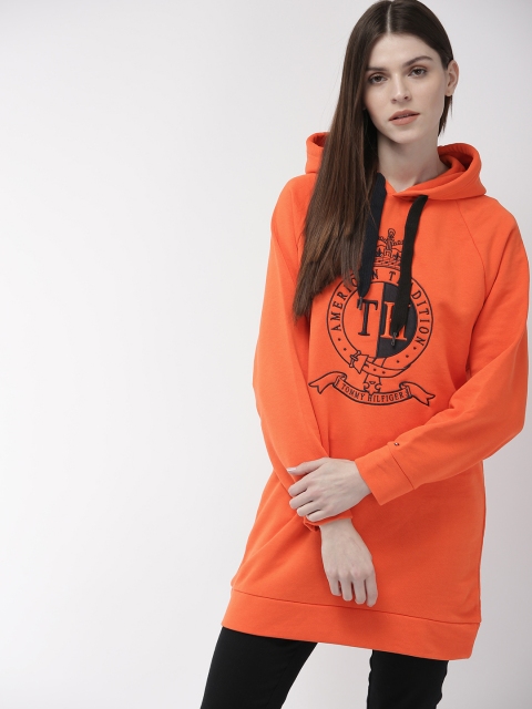 

Tommy Hilfiger Women Orange Embroidered Hooded Long-Line Sweatshirt