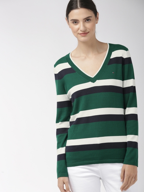 

Tommy Hilfiger Women Green & White Striped Sweater