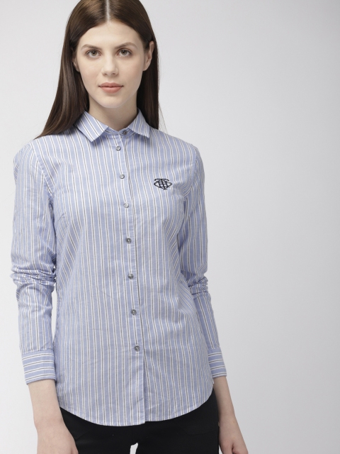 

Tommy Hilfiger Women Blue & White Fitted Striped Casual Shirt