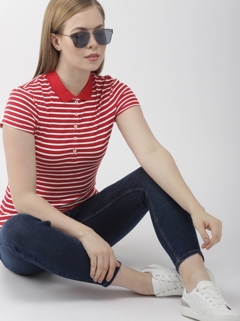 

Tommy Hilfiger Women Red & White Striped Polo Collar T-shirt