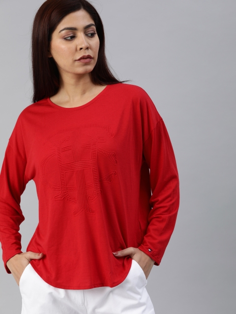 

Tommy Hilfiger Women Red Self Design Round Neck T-shirt