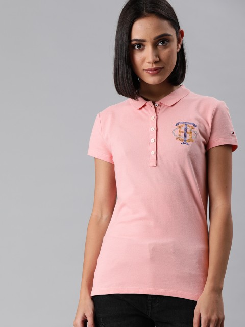 

Tommy Hilfiger Women Pink Solid Polo Collar T-shirt with Embellishment