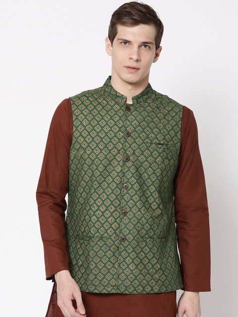 

Fabindia Men Green & Golden Handblock Print Nehru Jacket