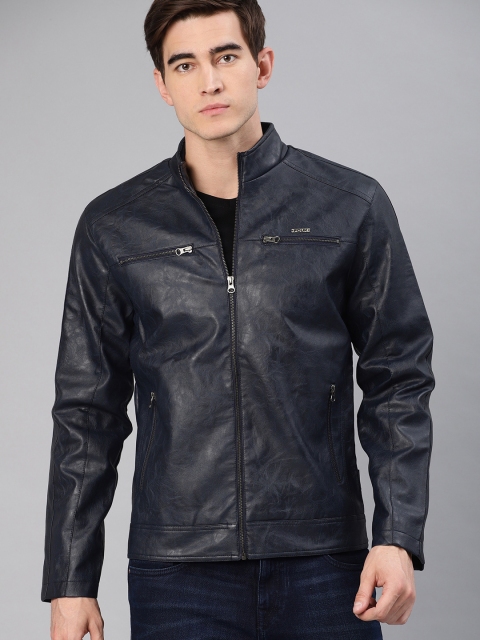 

French Connection Men Navy Blue Solid Biker Jacket