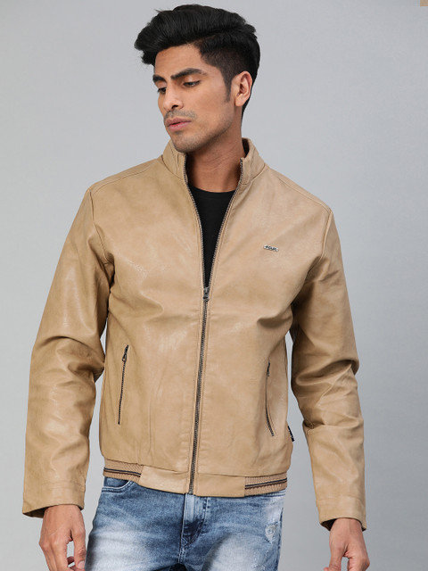 

French Connection Men Beige Solid Biker Jacket