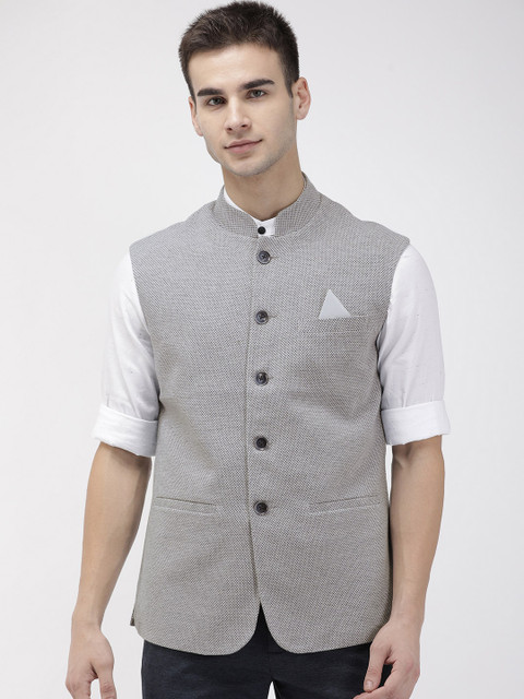 

Park Avenue Men Grey & Navy Blue Celebrate Slim Fit Self Design Nehru Jacket