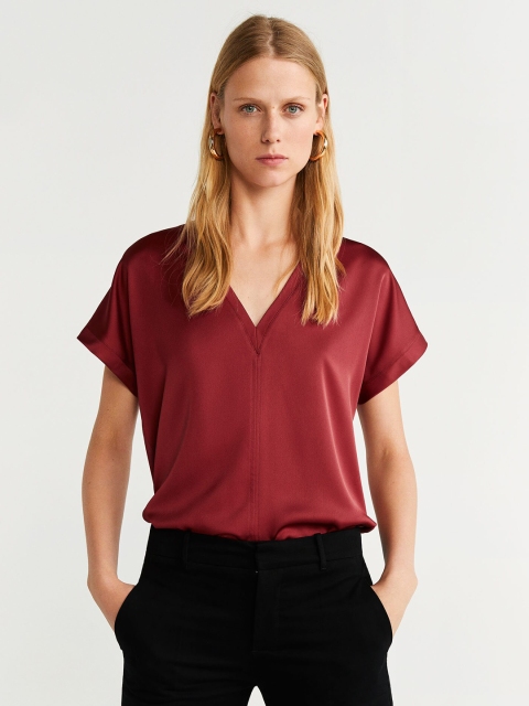 

MANGO Women Rust Red Solid Regular Top With Satin Finish
