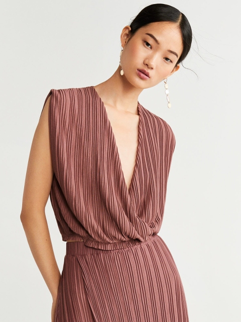 

MANGO Women Mauve Solid Accordian Pleated Wrap Top
