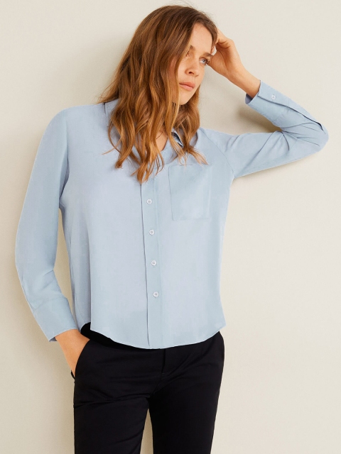 

MANGO Women Blue Regular Fit Solid Semi Sheer Casual Shirt