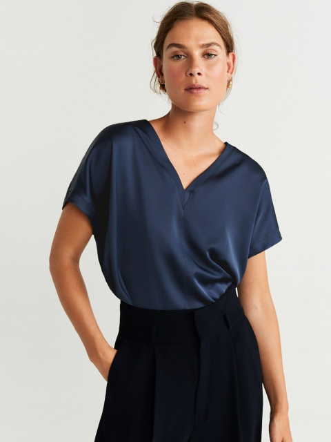 

MANGO Women Navy Blue Solid Boxy Top