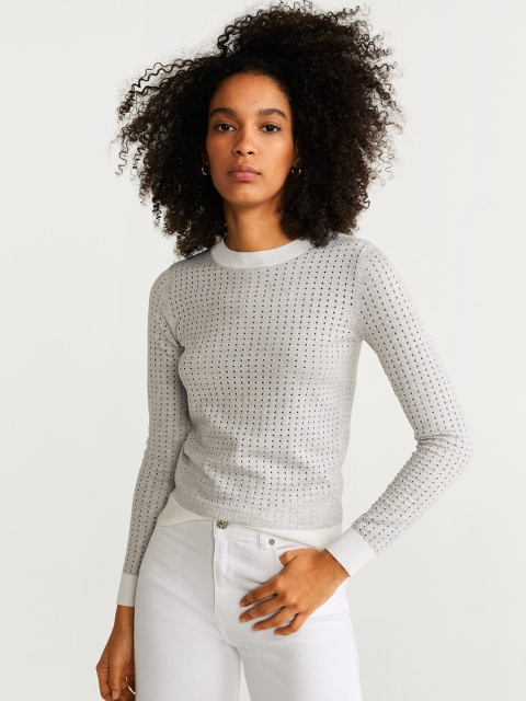 

MANGO Women Grey Melange Open-Knit Pullover