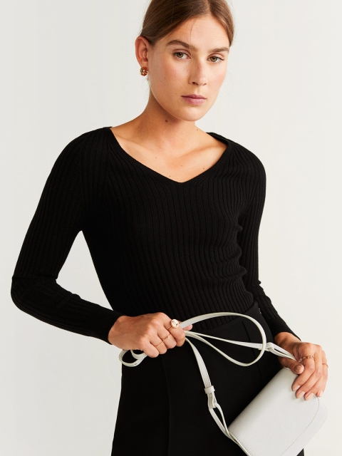 

MANGO Women Black Ribbed Fitted Top