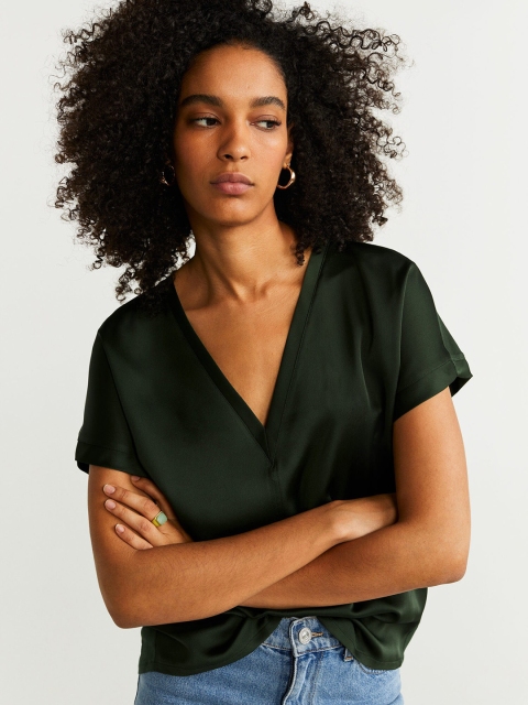 

MANGO Women Olive Green Solid Boxy Top