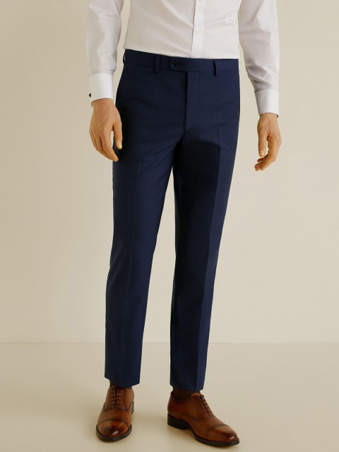 

MANGO MAN Navy Blue Regular Fit Self-Design Formal Trousers