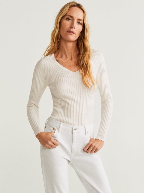

MANGO Women White Ribbed Fitted Top