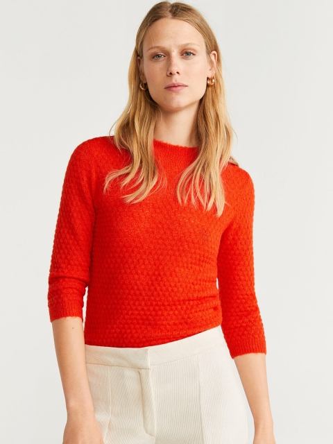 

MANGO Women Orange Self Design Pullover