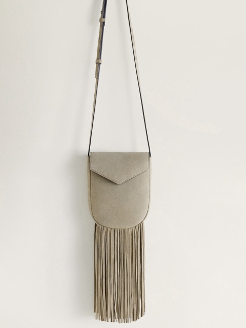 

MANGO Grey Solid Leather Fringed Sling Bag